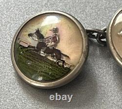 Edwardian Reverse Painted Intaglio Essex Crystal Mother-of-Pearl Cufflink Horse