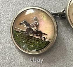 Edwardian Reverse Painted Intaglio Essex Crystal Mother-of-Pearl Cufflink Horse