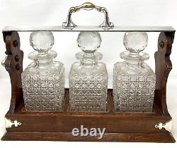 Edwardian Silver Plated Oak Tantulas 3 CutGlass Crystal Decanters AntiqueBarware