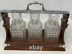 Edwardian Silver Plated Oak Tantulas 3 CutGlass Crystal Decanters AntiqueBarware