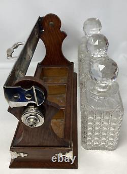 Edwardian Silver Plated Oak Tantulas 3 CutGlass Crystal Decanters AntiqueBarware