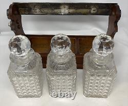 Edwardian Silver Plated Oak Tantulas 3 CutGlass Crystal Decanters AntiqueBarware