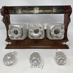 Edwardian Silver Plated Oak Tantulas 3 CutGlass Crystal Decanters AntiqueBarware