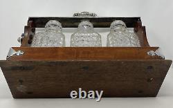 Edwardian Silver Plated Oak Tantulas 3 CutGlass Crystal Decanters AntiqueBarware