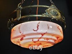 Edwardian silver-plated wagon wheel design 3 arm chandelier Opaline dish C-1910