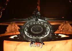 Edwardian silver-plated wagon wheel design 3 arm chandelier Opaline dish C-1910