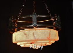 Edwardian silver-plated wagon wheel design 3 arm chandelier Opaline dish C-1910