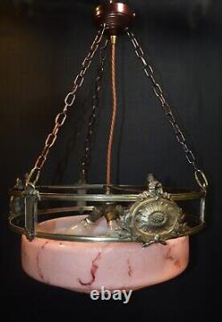 Edwardian silver-plated wagon wheel design 3 arm chandelier Opaline dish C-1910