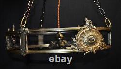Edwardian silver-plated wagon wheel design 3 arm chandelier Opaline dish C-1910