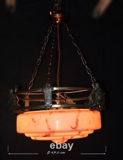 Edwardian silver-plated wagon wheel design 3 arm chandelier Opaline dish C-1910