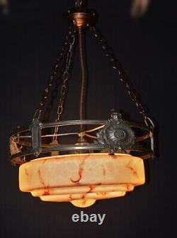 Edwardian silver-plated wagon wheel design 3 arm chandelier Opaline dish C-1910