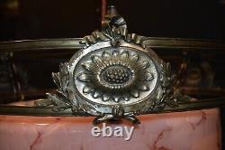 Edwardian silver-plated wagon wheel design 3 arm chandelier Opaline dish C-1910