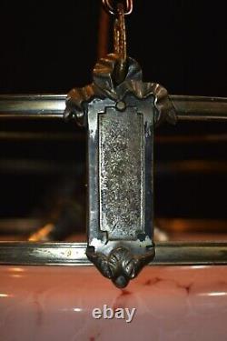 Edwardian silver-plated wagon wheel design 3 arm chandelier Opaline dish C-1910