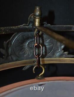 Edwardian silver-plated wagon wheel design 3 arm chandelier Opaline dish C-1910
