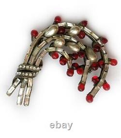 Eisenberg Original Rare Floral Spray Brooch Red Glass Drops, Baguette Crystals