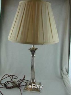 Elegant Silver Plated Corinthian Column Electric Lamp Original Cream Shade