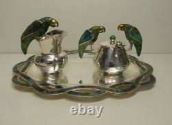 Emilia Los Castillo Taxco Mexico Silverplated Sugar Creamer Tray Vintage Parrots