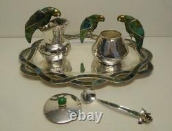 Emilia Los Castillo Taxco Mexico Silverplated Sugar Creamer Tray Vintage Parrots