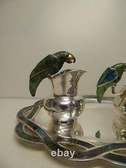 Emilia Los Castillo Taxco Mexico Silverplated Sugar Creamer Tray Vintage Parrots