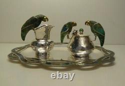 Emilia Los Castillo Taxco Mexico Silverplated Sugar Creamer Tray Vintage Parrots