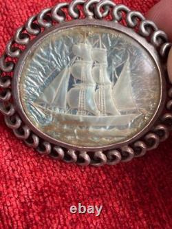 Exceptional Ship Brooch Pin In Mother Of Pearl  Goldsmith Work Marine Jewelry