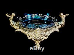 Exquisite Cut Glass & Enameled Centerpiece Bowl Silver Plated Cherub Stand 1880