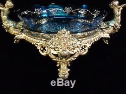 Exquisite Cut Glass & Enameled Centerpiece Bowl Silver Plated Cherub Stand 1880