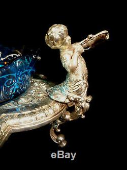 Exquisite Cut Glass & Enameled Centerpiece Bowl Silver Plated Cherub Stand 1880