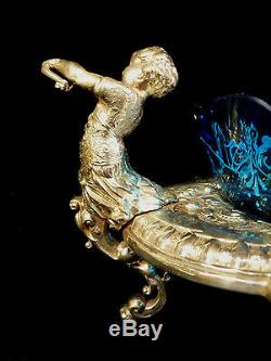 Exquisite Cut Glass & Enameled Centerpiece Bowl Silver Plated Cherub Stand 1880