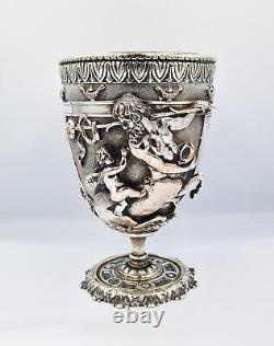 FINE VICTORIAN BACCHANALIAN SILVER PLATED ELECTROTYPE GOBLET c1880 CHERUB & FAUN