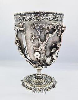 FINE VICTORIAN BACCHANALIAN SILVER PLATED ELECTROTYPE GOBLET c1880 CHERUB & FAUN