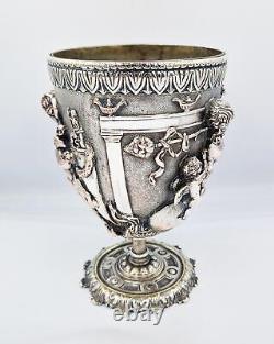 FINE VICTORIAN BACCHANALIAN SILVER PLATED ELECTROTYPE GOBLET c1880 CHERUB & FAUN