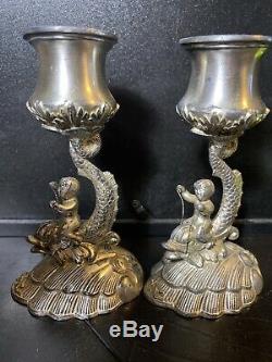 Figural Pairpoint Dolphin Cherub Quadruple Silver Plate Candlestick Holders