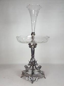 Fluted Glass Vase Centre Piece Epergne Silver Plate Horse Dragons