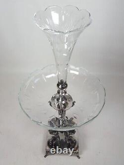 Fluted Glass Vase Centre Piece Epergne Silver Plate Horse Dragons