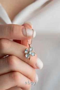 Four Leaf Clover Pendant Necklace 14K Rose Gold Plated Lab Created Aquamarine
