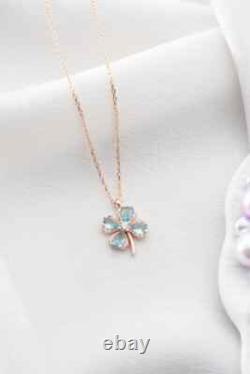 Four Leaf Clover Pendant Necklace 14K Rose Gold Plated Lab Created Aquamarine
