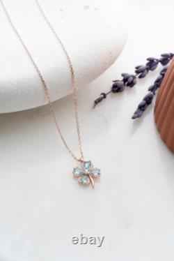 Four Leaf Clover Pendant Necklace 14K Rose Gold Plated Lab Created Aquamarine