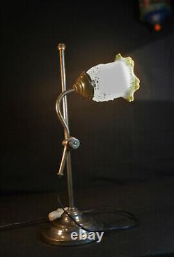 French 1930s art deco silver plated swan neck student lamp Opaline glass shade