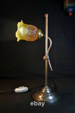 French 1930s art deco silver plated swan neck student lamp Opaline glass shade