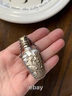 French Antique MISTLETOE Silver Plate Chatelaine Perfume Flask Bottle Pendant