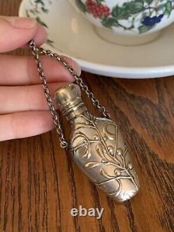 French Antique MISTLETOE Silver Plate Chatelaine Perfume Flask Bottle Pendant