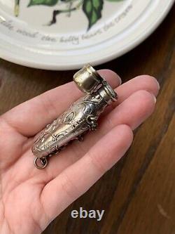 French Antique MISTLETOE Silver Plate Chatelaine Perfume Flask Bottle Pendant