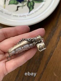 French Antique MISTLETOE Silver Plate Chatelaine Perfume Flask Bottle Pendant