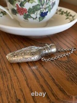 French Antique MISTLETOE Silver Plate Chatelaine Perfume Flask Bottle Pendant