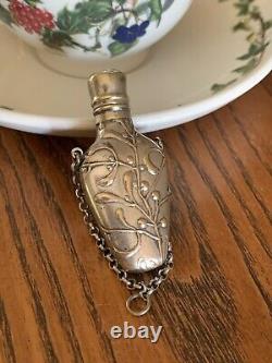 French Antique MISTLETOE Silver Plate Chatelaine Perfume Flask Bottle Pendant