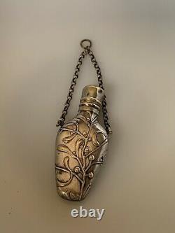 French Antique MISTLETOE Silver Plate Chatelaine Perfume Flask Bottle Pendant