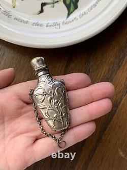 French Antique MISTLETOE Silver Plate Chatelaine Perfume Flask Bottle Pendant