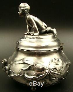 GERMAN WMF ART NOUVEAU Figural Silver Plate Sugar Bowl Nude Cherub with Frog