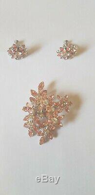 Genuine Jewel Crest (Donald Simpson) pink crystal floral brooch and matching ear